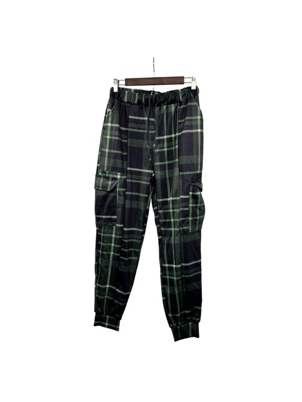 Lily by Firmiana Plaid Jogger Cargo Pants Drawstring Green/Multi Size Small New